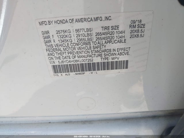 Acura Mdx Tech A-spec Pkgs 2019 5J8YD4H08KL007252 Image 9
