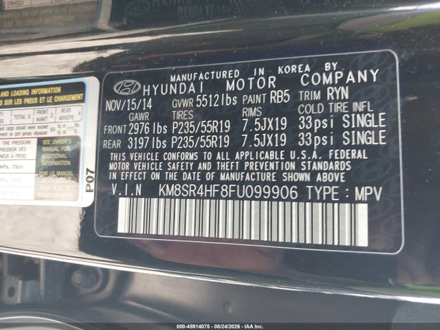 Auction sale of the 2015 Hyundai Santa Fe Limited, vin: KM8SR4HF8FU099906, lot number: 45914075