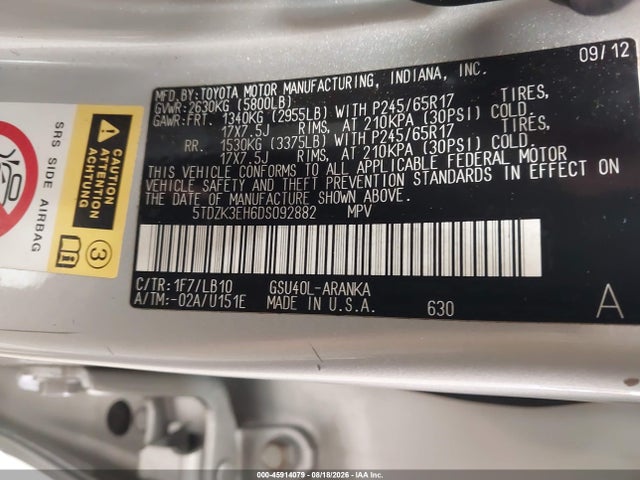 45914079 :رقم المزاد ، 5TDZK3EH6DS092882 vin ، 2013 Toyota Highlander Se V6 مزاد بيع