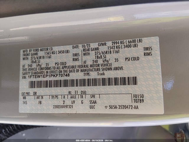 2023 Ford F-150 Xlt მანქანა იყიდება აუქციონზე, vin: 1FTEW1EP1PKF70748, აუქციონის ნომერი: 45914084