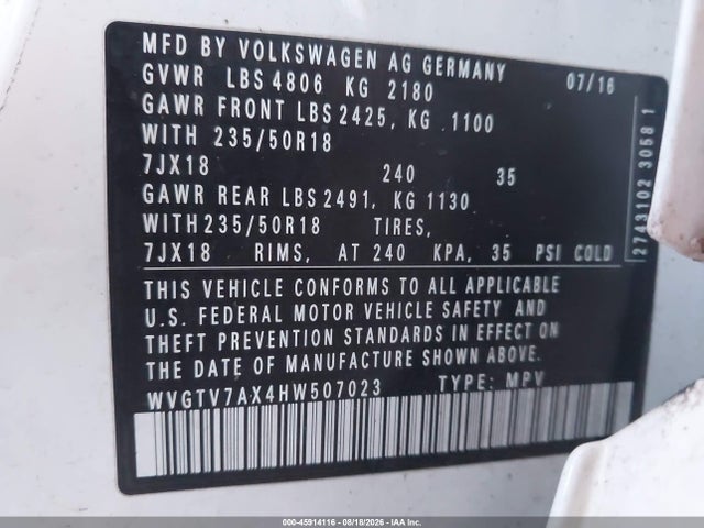 Aukcja sprzedaży 2017 Volkswagen Tiguan 2.0t Sport, vin: WVGTV7AX4HW507023, numer aukcji: 45914116