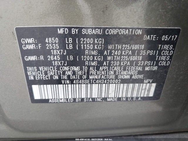 Продаж на аукціоні авто 2017 Subaru Outback 3.6r Touring, vin: 4S4BSETC4H3420002, номер лоту: 45914118