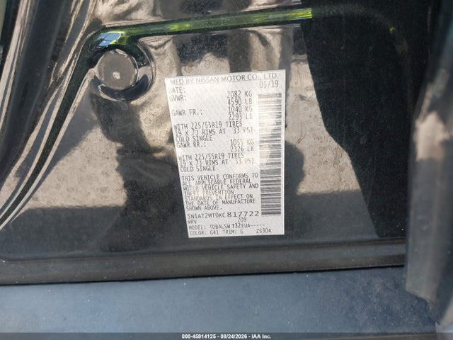2019 Nissan Rogue Sl მანქანა იყიდება აუქციონზე, vin: 5N1AT2MT0KC817722, აუქციონის ნომერი: 45914125