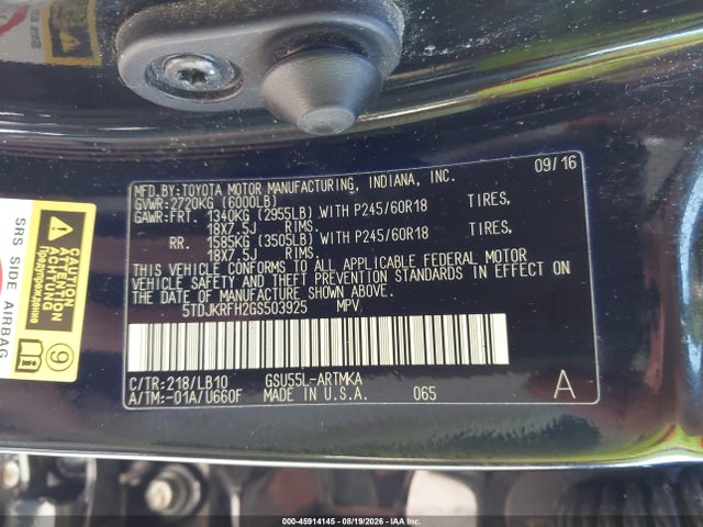45914145 :رقم المزاد ، 5TDJKRFH2GS503925 vin ، 2016 Toyota Highlander Xle V6 مزاد بيع