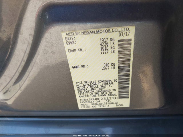 Продаж на аукціоні авто 2017 Nissan Altima 2.5 Sr, vin: 1N4AL3AP4HC231220, номер лоту: 45914148