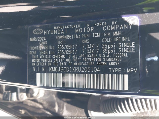 45914149 :رقم المزاد ، KM8JBCD1XRU205104 vin ، 2024 Hyundai Tucson Hybrid Blue مزاد بيع