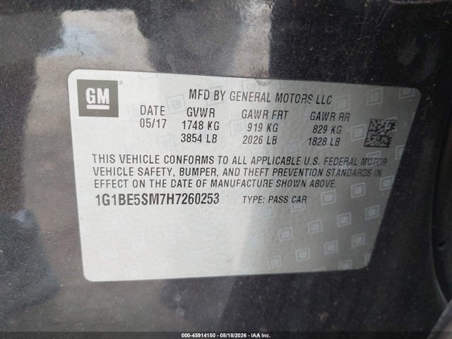 Продажа на аукционе авто 2017 Chevrolet Cruze Lt Auto, vin: 1G1BE5SM7H7260253, номер лота: 45914150