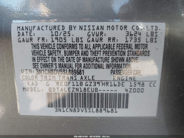 Nissan Versa 1.6 S 2025 3N1CN8DV5SL889681 Image 9