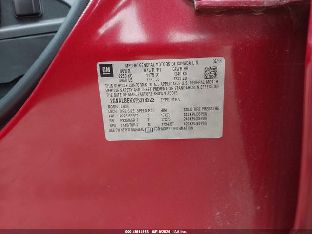 Продажа на аукционе авто 2014 Chevrolet Equinox Lt, vin: 2GNALBEKXE6378222, номер лота: 45914168