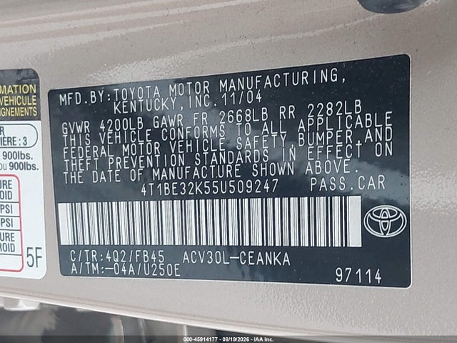 Продажа на аукционе авто 2005 Toyota Camry Le, vin: 4T1BE32K55U509247, номер лота: 45914177