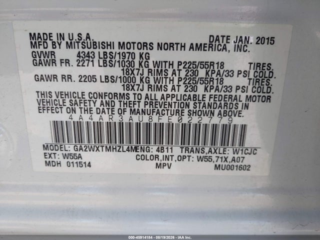 Aukcja sprzedaży 2015 Mitsubishi Outlander Sport Es, vin: 4A4AR3AU8FE022779, numer aukcji: 45914184