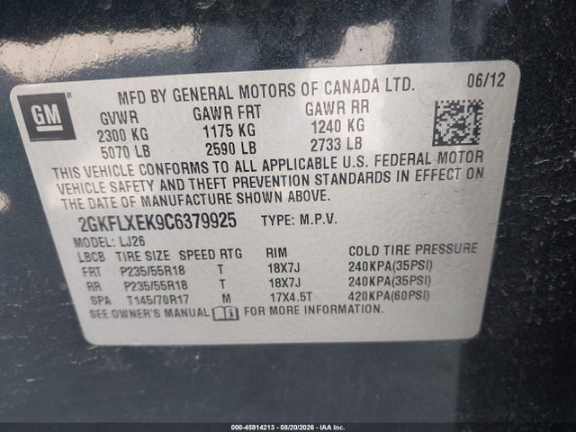 2012 Gmc Terrain Slt-2 მანქანა იყიდება აუქციონზე, vin: 2GKFLXEK9C6379925, აუქციონის ნომერი: 45914213