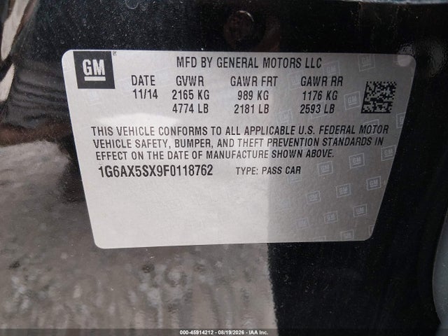 2015 Cadillac Cts Luxury მანქანა იყიდება აუქციონზე, vin: 1G6AX5SX9F0118762, აუქციონის ნომერი: 45914212