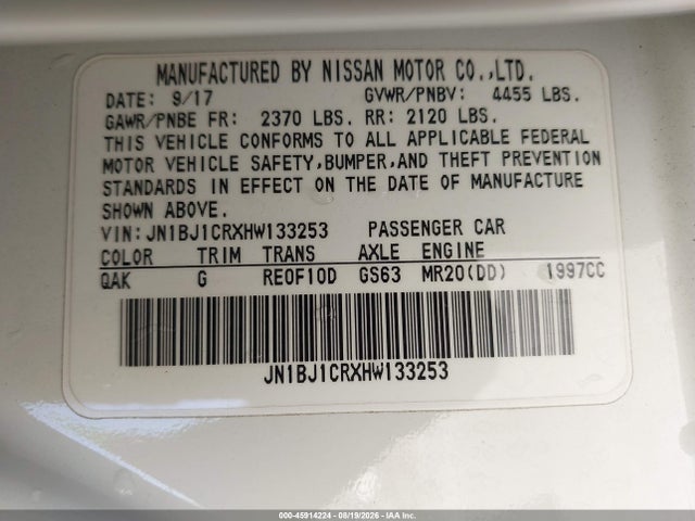 Продаж на аукціоні авто 2017 Nissan Rogue Sport S, vin: JN1BJ1CRXHW133253, номер лоту: 45914224