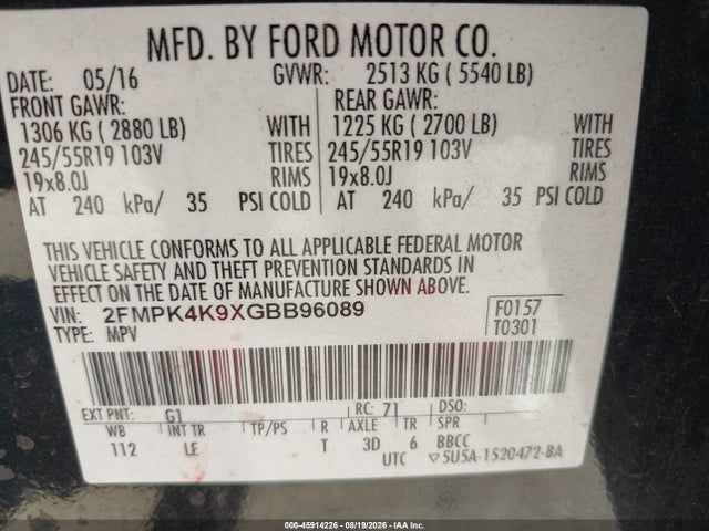 2016 Ford Edge Titanium მანქანა იყიდება აუქციონზე, vin: 2FMPK4K9XGBB96089, აუქციონის ნომერი: 45914226