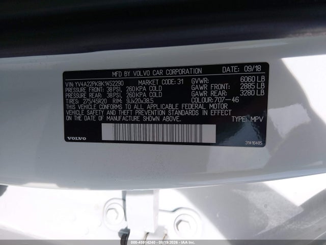 45914240 :رقم المزاد ، YV4A22PK8K1452290 vin ، 2019 Volvo Xc90 T6 Momentum مزاد بيع