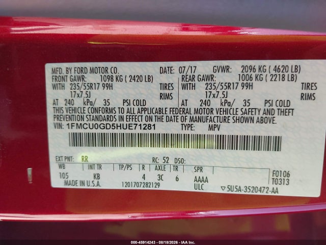Продаж на аукціоні авто 2017 Ford Escape Se, vin: 1FMCU0GD5HUE71281, номер лоту: 45914243