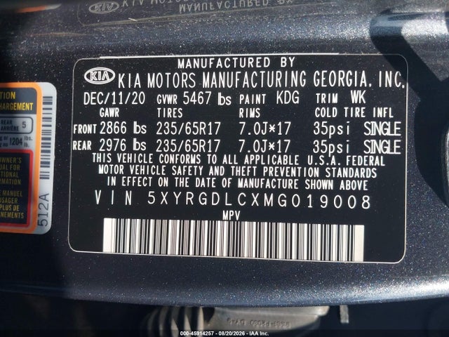5XYRGDLCXMG019008 KIA SORENTO LX