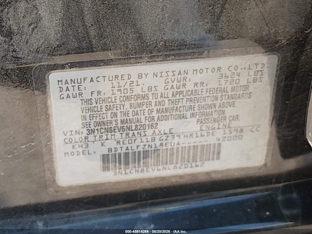 2022 Nissan Versa 1.6 Sv Xtronic Cvt მანქანა იყიდება აუქციონზე, vin: 3N1CN8EV6NL820162, აუქციონის ნომერი: 45914266