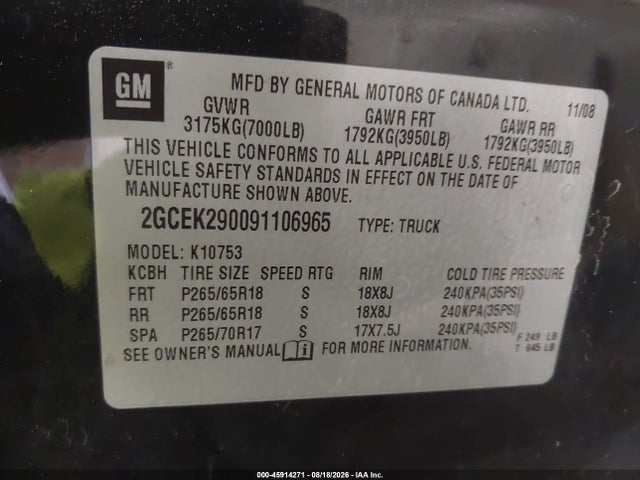 Продаж на аукціоні авто 2009 Chevrolet Silverado 1500 Lt, vin: 2GCEK290091106965, номер лоту: 45914271