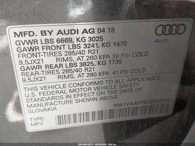 45914275 :رقم المزاد ، WA1VAAF73JD039084 vin ، 2018 Audi Q7 3.0t Premium مزاد بيع