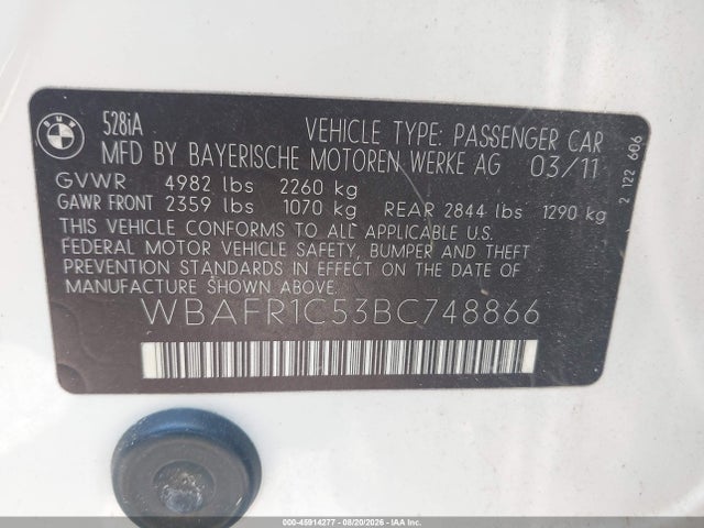 Aukcja sprzedaży 2011 Bmw 528i, vin: WBAFR1C53BC748866, numer aukcji: 45914277