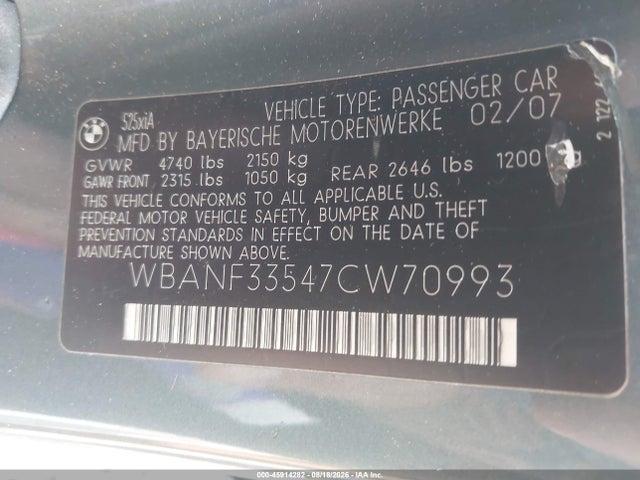 Aukcja sprzedaży 2007 Bmw 525xi, vin: WBANF33547CW70993, numer aukcji: 45914282