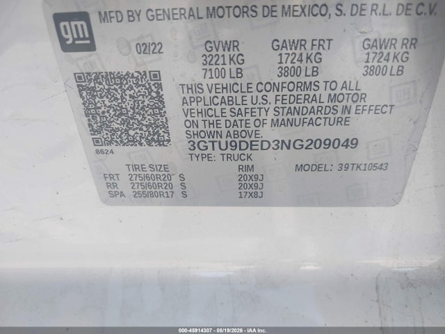 Продаж на аукціоні авто 2022 Gmc Sierra 1500 Limited 4wd  Short Box Slt, vin: 3GTU9DED3NG209049, номер лоту: 45914307