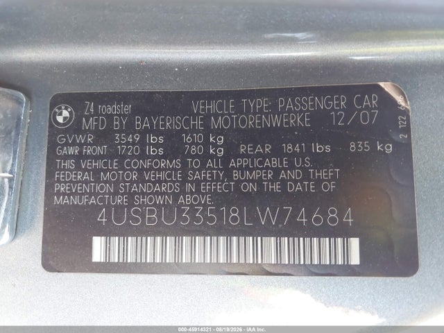 45914321 :رقم المزاد ، 4USBU33518LW74684 vin ، 2008 Bmw Z4 3.0i مزاد بيع