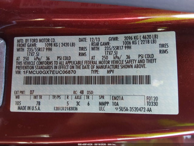 45914326 :رقم المزاد ، 1FMCU0GX7EUC06870 vin ، 2014 Ford Escape Se مزاد بيع
