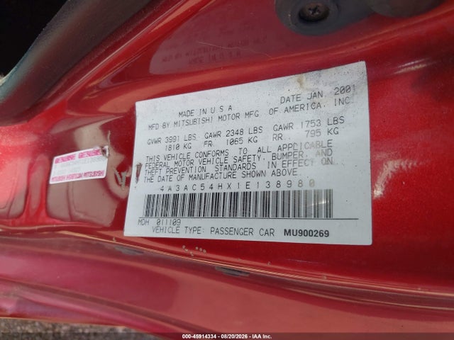 45914334 :رقم المزاد ، 4A3AC54HX1E138980 vin ، 2001 Mitsubishi Eclipse Gt مزاد بيع