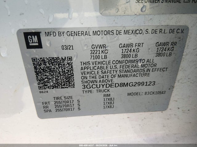 Продаж на аукціоні авто 2021 Chevrolet Silverado 1500 4wd  Short Bed Lt, vin: 3GCUYDED8MG299123, номер лоту: 45914337