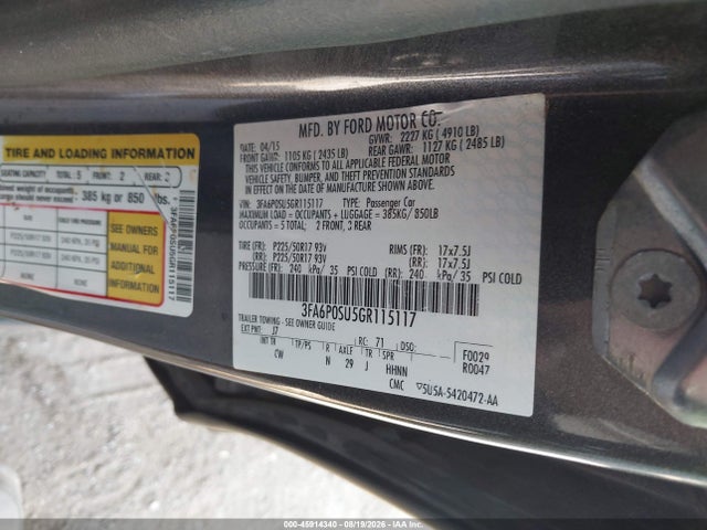 Aukcja sprzedaży 2016 Ford Fusion Energi Titanium, vin: 3FA6P0SU5GR115117, numer aukcji: 45914340