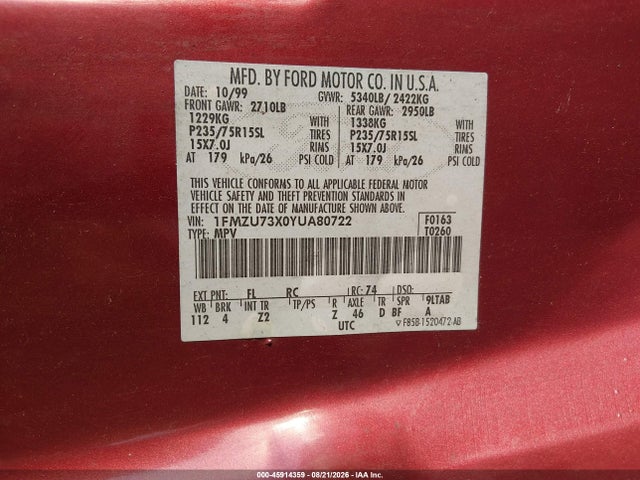 2000 Ford Explorer Xlt მანქანა იყიდება აუქციონზე, vin: 1FMZU73X0YUA80722, აუქციონის ნომერი: 45914359