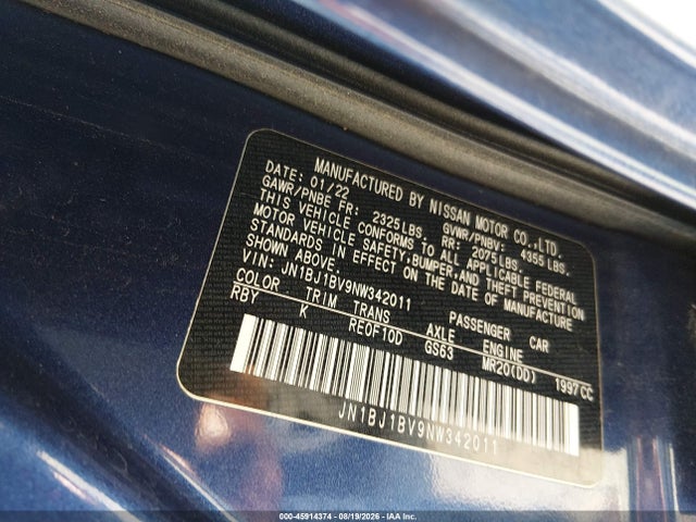 2022 Nissan Rogue Sport Sv Fwd Xtronic Cvt მანქანა იყიდება აუქციონზე, vin: JN1BJ1BV9NW342011, აუქციონის ნომერი: 45914374