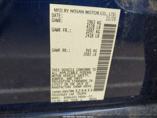 45914388 :رقم المزاد ، 1N4BL4BV7MN324433 vin ، 2021 Nissan Altima S Fwd مزاد بيع