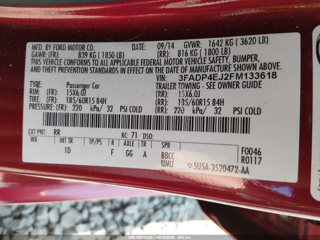 2015 Ford Fiesta Se მანქანა იყიდება აუქციონზე, vin: 3FADP4EJ2FM133618, აუქციონის ნომერი: 45914394