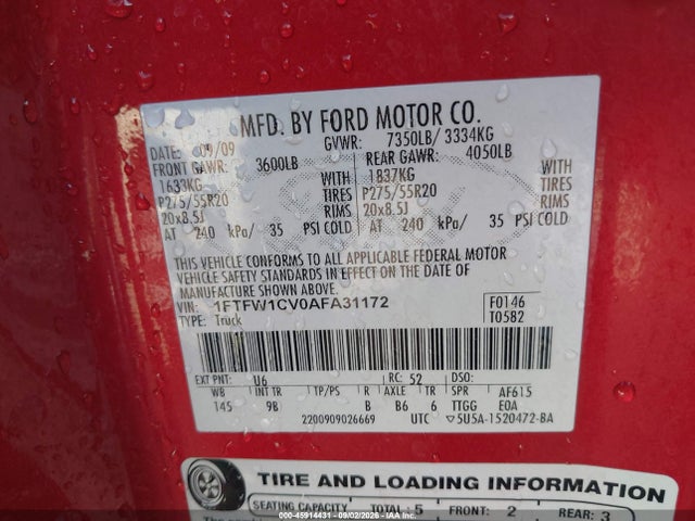 2010 Ford F-150 Platinum მანქანა იყიდება აუქციონზე, vin: 1FTFW1CV0AFA31172, აუქციონის ნომერი: 45914431