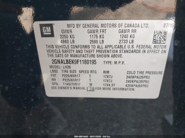 Aukcja sprzedaży 2015 Chevrolet Equinox Lt, vin: 2GNALBEK9F1180195, numer aukcji: 45914442