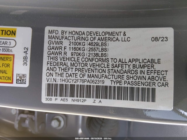 2023 Honda Accord Hybrid Sport-l მანქანა იყიდება აუქციონზე, vin: 1HGCY2F76PA062319, აუქციონის ნომერი: 45914446