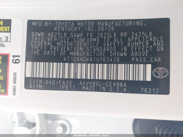 Продажа на аукционе авто 2026 Toyota Camry Le, vin: 4T1DAACK8TU763426, номер лота: 45914452