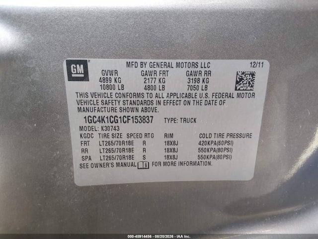 Aukcja sprzedaży 2012 Chevrolet Silverado 3500hd Ltz, vin: 1GC4K1CG1CF153837, numer aukcji: 45914456