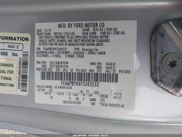 Ford Mustang Ecoboost 2015 1FA6P8THXF5343552 Image 9