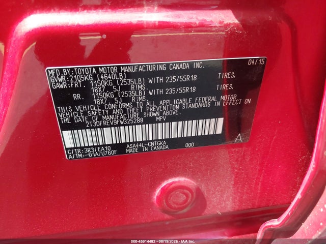Aukcja sprzedaży 2015 Toyota Rav4 Limited, vin: 2T3DFREV9FW325288, numer aukcji: 45914482