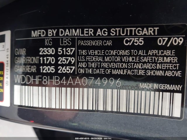 45914510 :رقم المزاد ، WDDHF8HB4AA074996 vin ، 2010 Mercedes-benz E 350 4matic مزاد بيع
