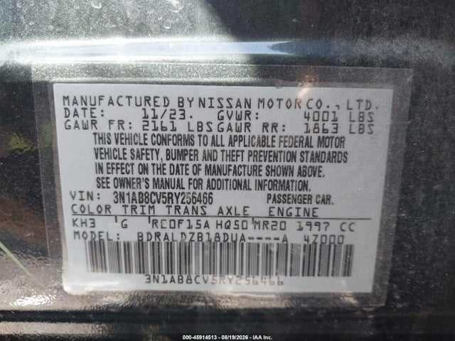 Auction sale of the 2024 Nissan Sentra Sv Xtronic Cvt, vin: 3N1AB8CV5RY256466, lot number: 45914513