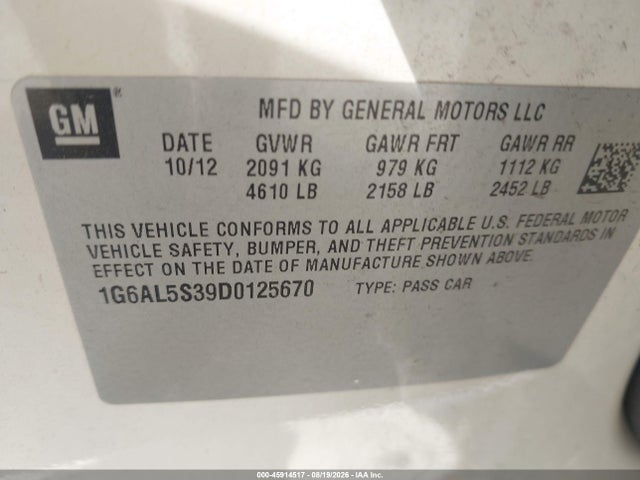 45914517 :رقم المزاد ، 1G6AL5S39D0125670 vin ، 2013 Cadillac Ats Premium مزاد بيع