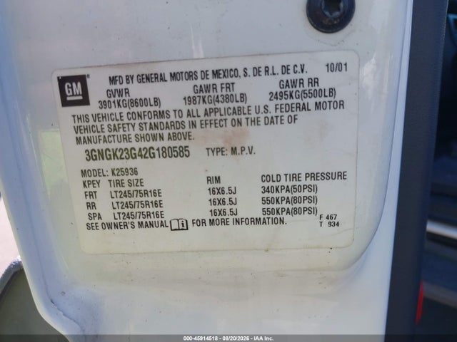 Aukcja sprzedaży 2002 Chevrolet Avalanche 2500, vin: 3GNGK23G42G180585, numer aukcji: 45914518
