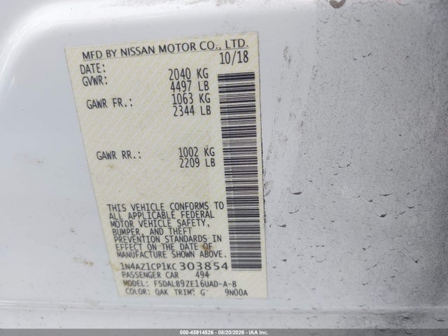 Продаж на аукціоні авто 2019 Nissan Leaf S, vin: 1N4AZ1CP1KC303854, номер лоту: 45914526