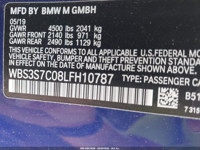 Продаж на аукціоні авто 2020 Bmw M4 Cs, vin: WBS3S7C08LFH10787, номер лоту: 45914536